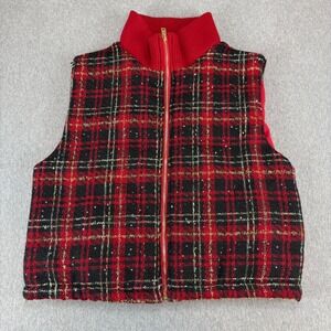 Red Plaid Tweed Vest Womens M Zip Up Standing Collar Promise Los Angeles